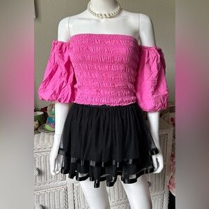 Young Fabulous & Broke 100% Cotton Crop Top Smocked Off Shoulder in Pink Size XS